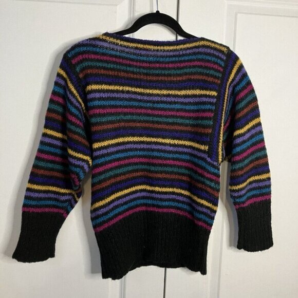 Vintage Phillippe Sweater Womens Stripe 80s Boat Neck Wool Blend Black Rainbow - Picture 5 of 6